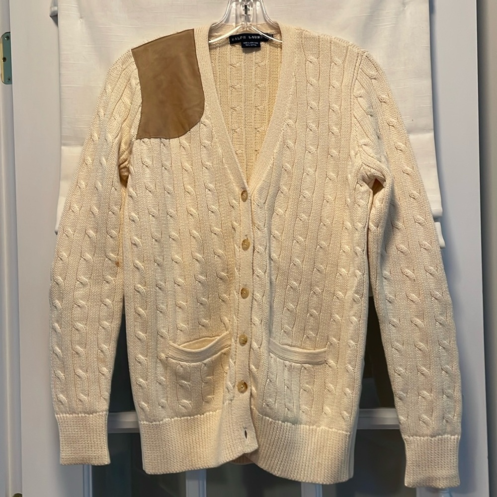 Ralph Lauren Cream Cable Knit Cardigan with Tan Elbow Patch